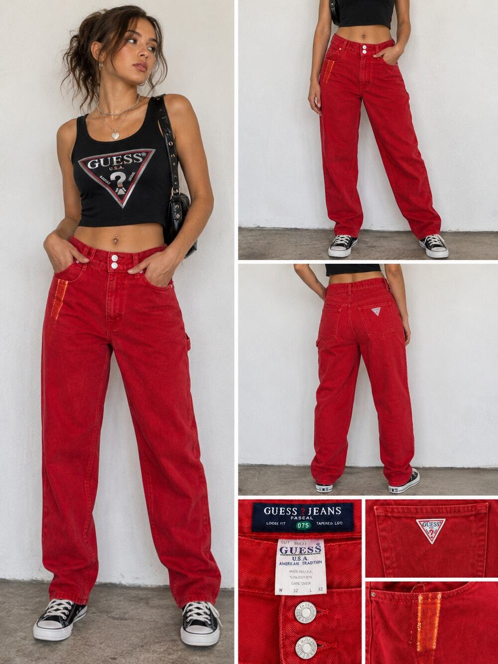 Vintage 90s GUESS Jeans Red Carpenter Pants 32x32 Made USA Pascal Tapered Leg